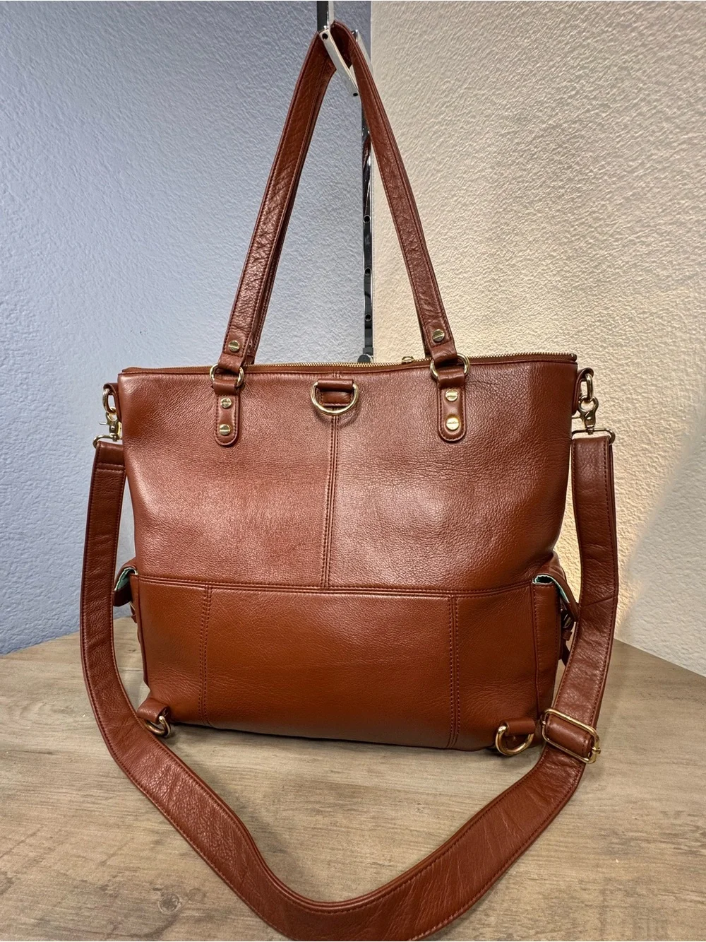 Lily Jade Madeline Full Grain Leather Convertible Tote Backpack Brandy Brown